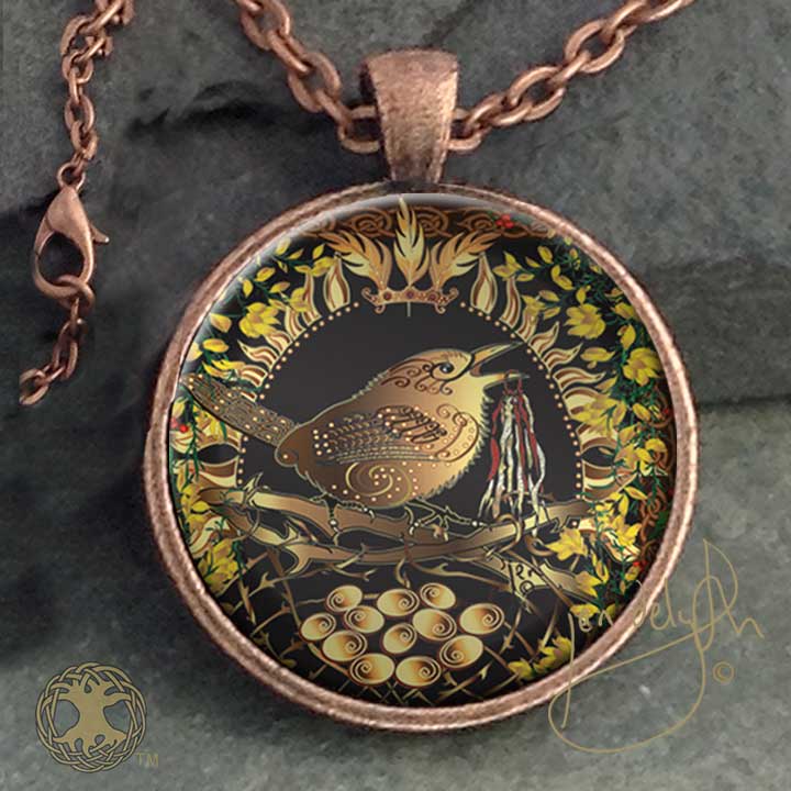 Celtic Wren - Vintage Celt Copper Glass Domed Pendant By Jen Delyth