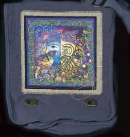 The Garden - Green Man/ Blue Woman Hemp Fringed Twill Patch on Canvas Field Bag.  By Jen Delyth
