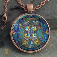 Celtic Owl - Blodeuwedd  - Vintage Celt Copper Glass Domed Pendant By Jen Delyth