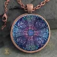 CELTIC CROSS OF LIFE - Vintage Celt Copper Glass Domed Pendant By Jen Delyth