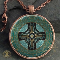 Celtic Mandala - Danu Folk  - Vintage Celt Copper Glass Domed Pendant By Jen Delyth