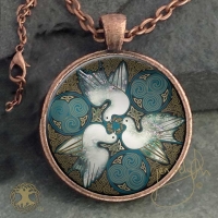 CELTIC DOVES peace - Vintage Celt Copper Glass Domed Pendant By Jen Delyth