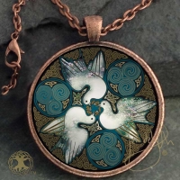 Celtic Doves - Peace   - Vintage Celt Copper Glass Domed Pendant By Jen Delyth