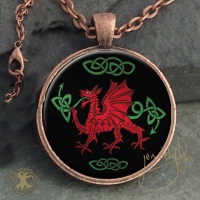 CELTIC WELSH DRAGON ddraig goch - Vintage Celt Copper Glass Domed Pendant By Jen Delyth