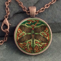 CELTIC DRAGONFLY  - Vintage Celt Copper Glass Domed Pendant By Jen Delyth