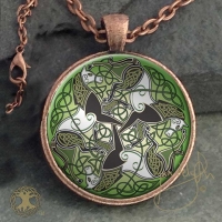 CELTIC EPONA horses - Vintage Celt Copper Glass Domed Pendant By Jen Delyth