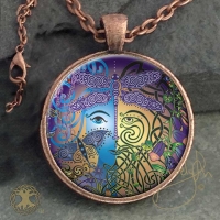 Celtic Garden - Green Man/ Blue Woman - Vintage Celt Copper Glass Domed Pendant By Jen Delyth