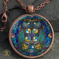 Celtic Owl - Blodeuwedd - Vintage Celt Copper Glass Domed Pendant By Jen Delyth