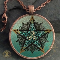 Pentacle Knot - Blue - Vintage Celt Copper Glass Domed Pendant By Jen Delyth