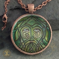 GREEN MAN  - Vintage Celt Copper Glass Domed Pendant By Jen Delyth