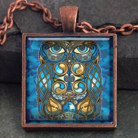BLODEUWEDD THE OWL - Vintage Celt Copper Glass Domed Pendant By Jen Delyth
